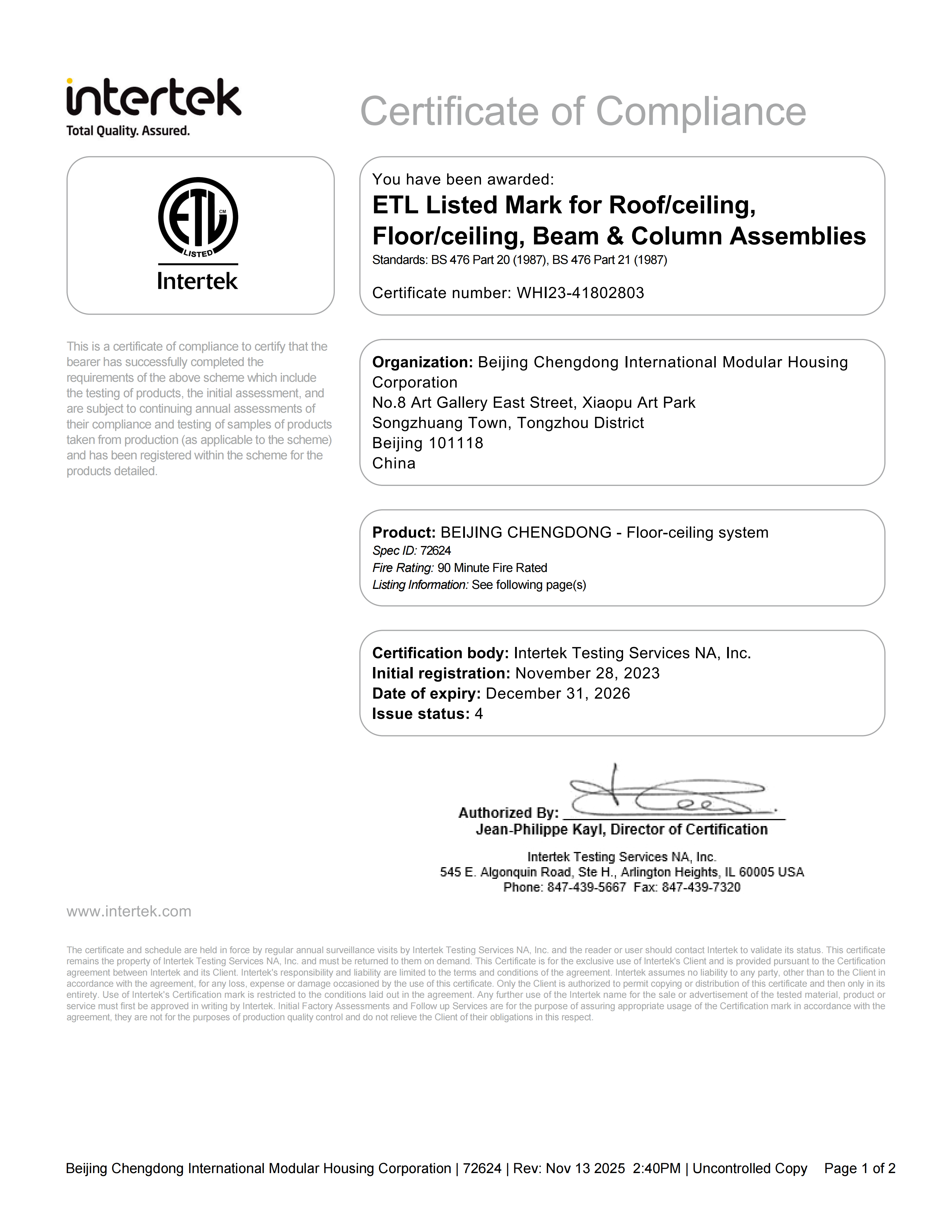 Certification ignifuge Intertek